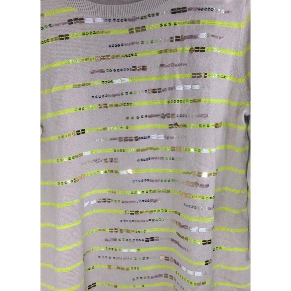 Coldwater Creek Sequin Stripe Sweater Women's XL 16 Beige Yellow Embellished - Picture 3 of 8